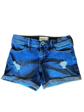 Abercrombie Kids Mid Rise Midi Shorts 11/12 Distressed Dark Wash Denim Cuffed